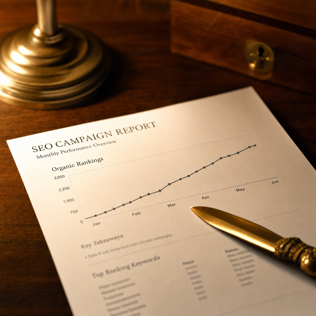 Printed SEO campaign report with ranking data