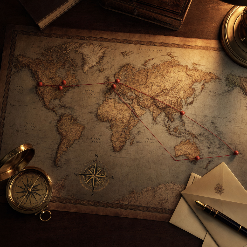 Vintage world map with agency partner locations marked
